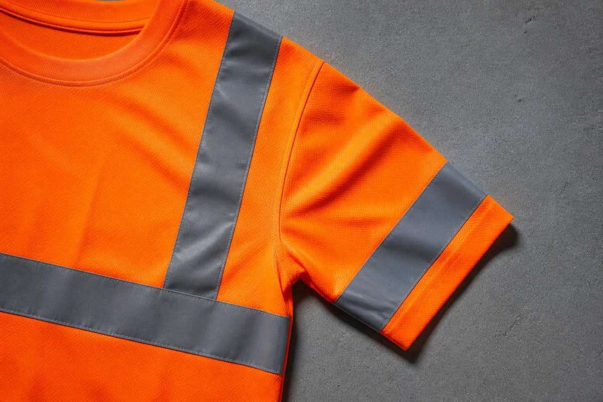 A worker wearing a bright neon yellow hi-vis T-shirt with reflective strips stands on a construction site