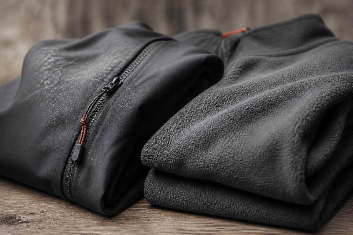 A softshell jacket and a fleece sweater laid side by side on a wooden surface