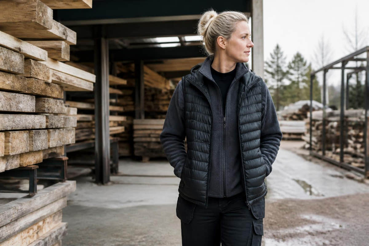 A woman wearing a quilted navy bodywarmer over a long-sleeved shirt while working in a bright, modern workshop