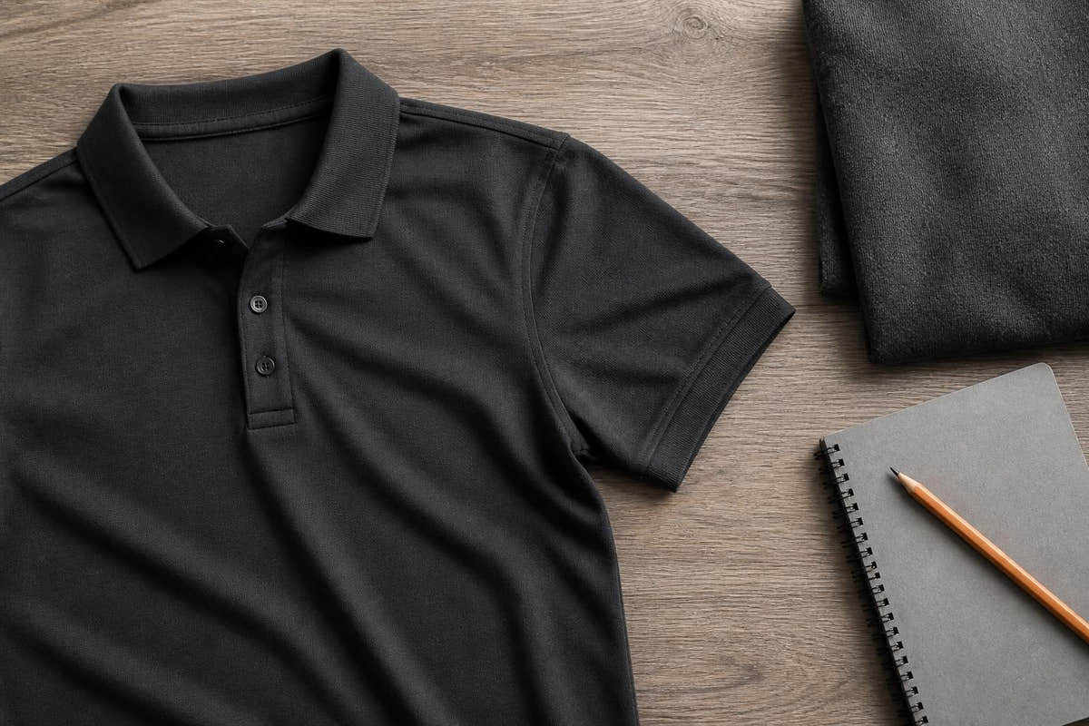 A neatly folded navy blue polo shirt with a crisp collar resting on a wooden desk surface