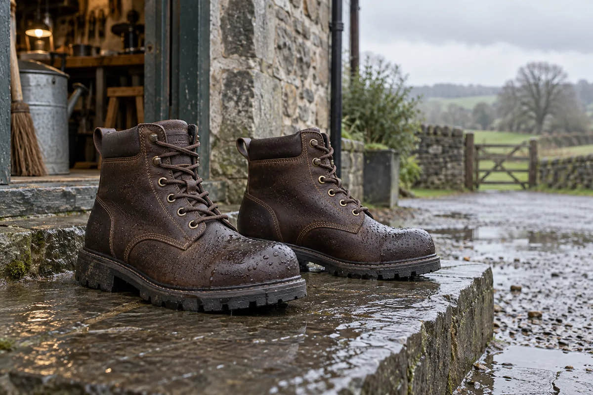 Work boots on a sheltered boot tray beside a rain-speckled doorway