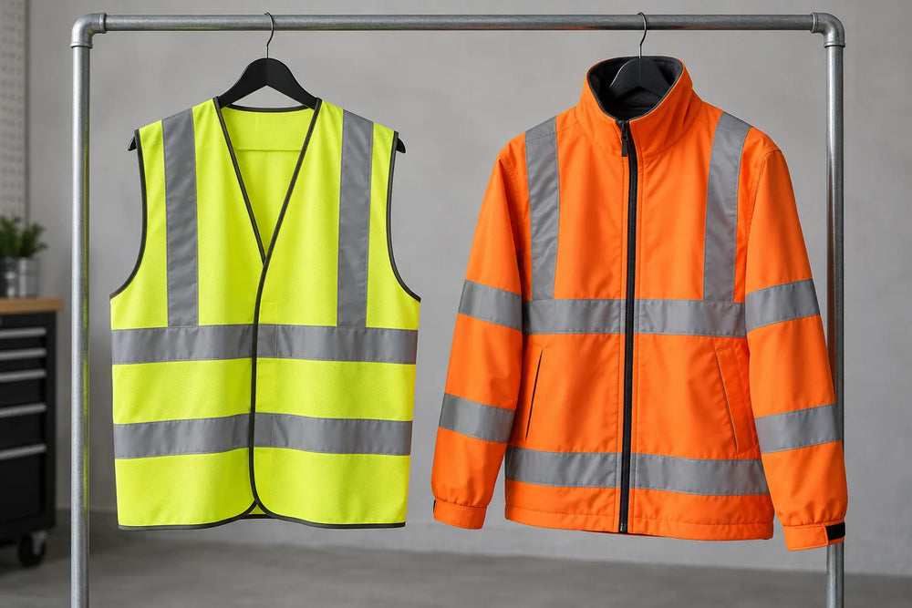 A clean yellow hi-vis jacket hanging beside dark work trousers in a tidy changing area