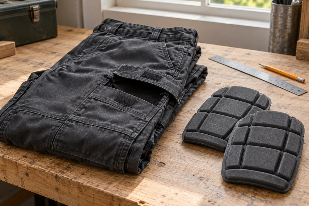 A pair of plain knee-pad inserts beside the open knee pockets of work trousers