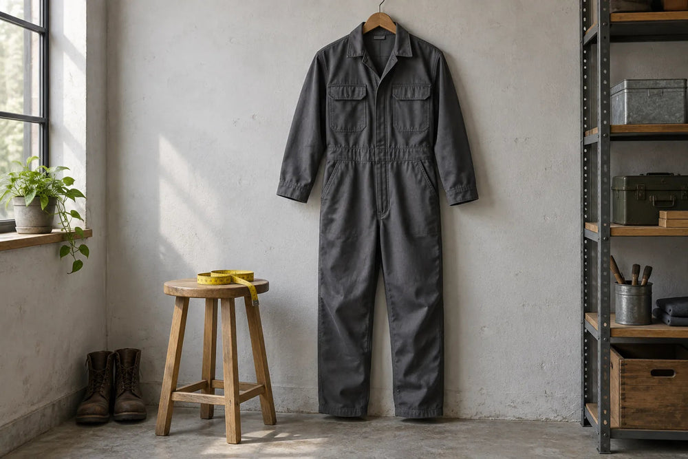 Navy work overalls and a measuring tape laid out on a clean workshop bench