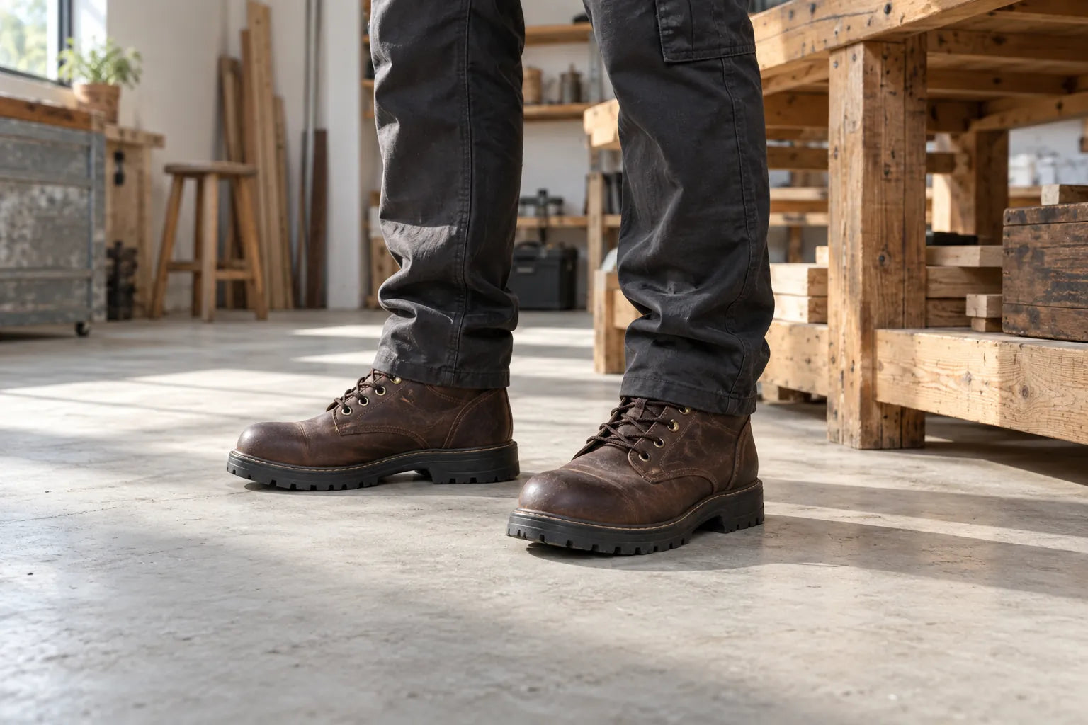 Work boots and charcoal work trousers on a workshop floor