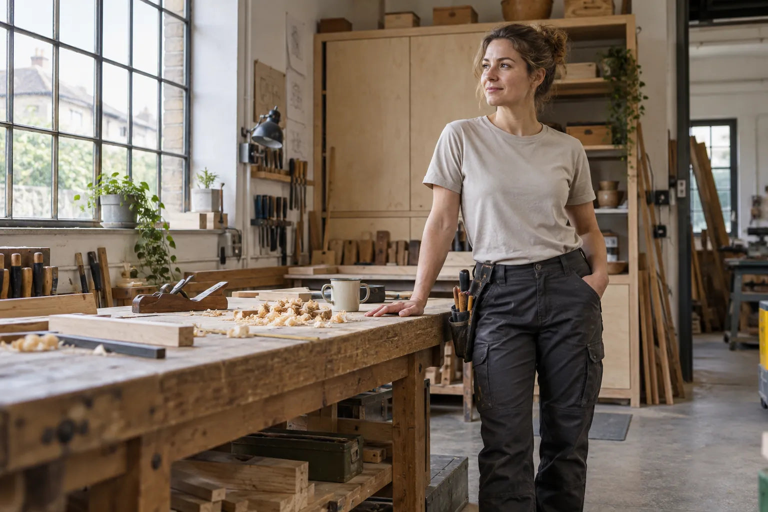 A joiner in work trousers beside a timber bench in a bright workshop
