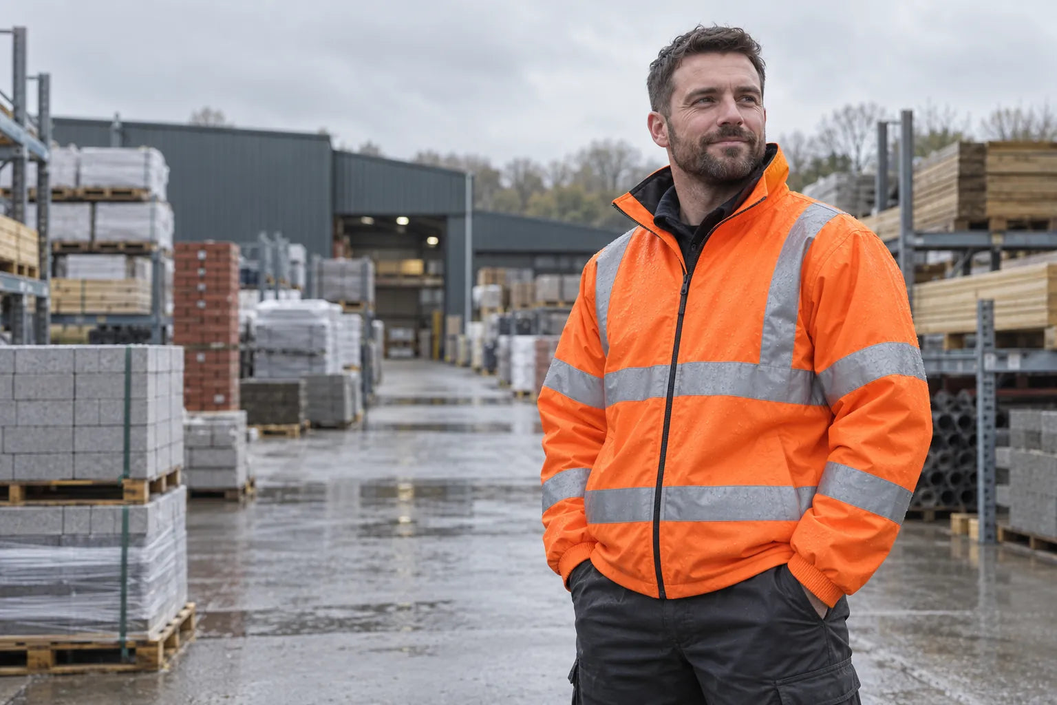 A tradesperson wearing an orange high visibility jacket in a building-materials yard